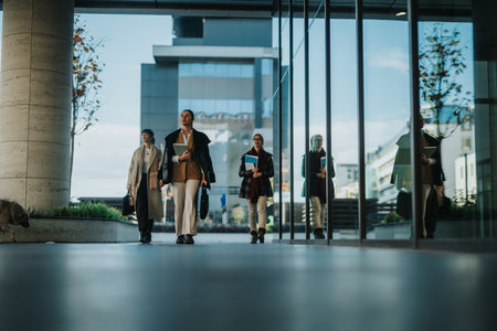 Group of businesswomen walking together in modern urban environmentの写真素材