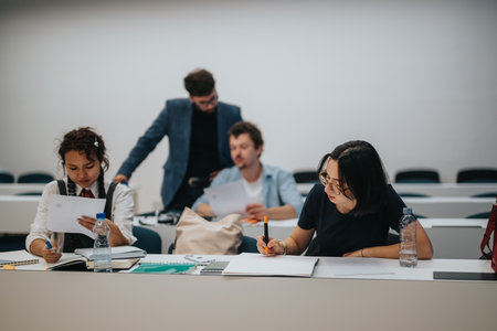 Students focus on class tasks while professor provides assistance