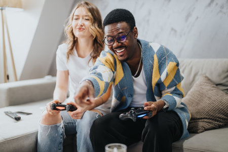 Diverse couple enjoying video games together on a comfortable couch at homeの写真素材