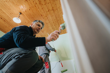 Two workers painting a room interior with rollers focusing on precisionの写真素材