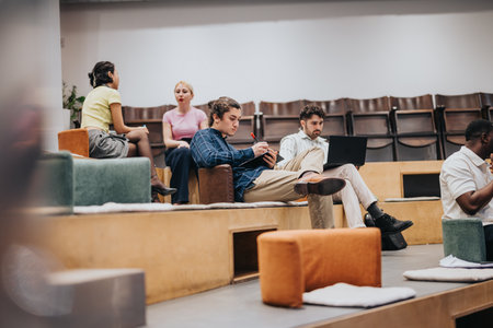 Group of colleagues in a modern workspace discussing, collaborating, and working on laptops and notesの写真素材
