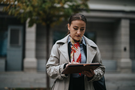 Professional Businesswoman Reviewing Notes on a Clipboard Outdoorsの写真素材