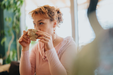Woman enjoying a cup of tea in a relaxed indoor setting surrounded by soft natural light and vibrant greeneryの写真素材