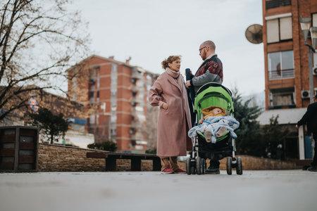 Parents with stroller having discussion outdoors in urban settingの写真素材
