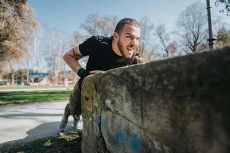 Young man performing intense parkour jump on a sunny day outdoors in an urban park setting