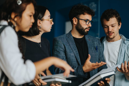 Students discussing with professor in a modern educational settingの写真素材