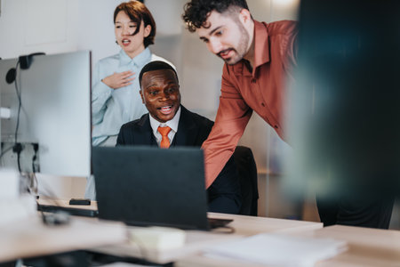 Business professionals collaborating in an open modern office space, brainstorming project...