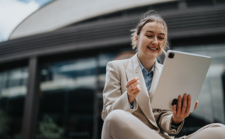 Businesswoman Smiling While Using a Tablet Outdoorsの写真素材