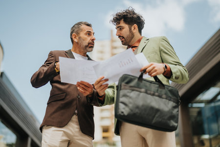 Two men discussing plans with a document on an urban outdoor venueの写真素材