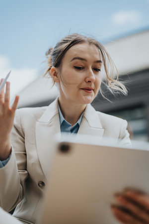 Businesswoman focusing on her tablet while multitasking outdoors