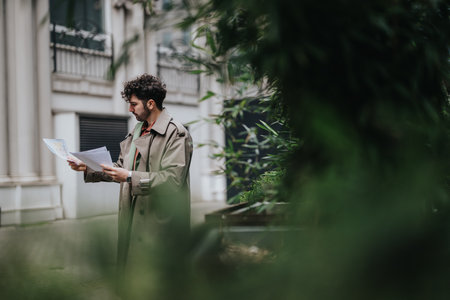 Man Checking Documents Outdoors in Urban Environment with Plant-filled Scenery