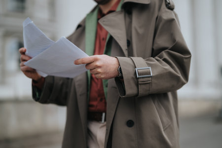 Man in trench coat holding documents outdoors on a city streetの写真素材