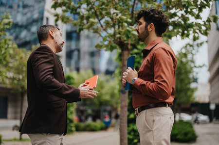 Two men engaged in a conversation outdoors in an urban setting near greeneryの写真素材
