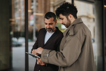 Two colleagues discussing something on a tablet outside an urban buildingの写真素材