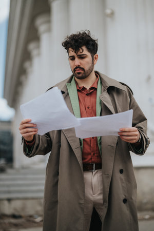 Man in trench coat studying papers near urban columnsの写真素材