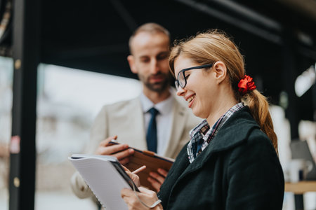 Professional discussion between two business colleagues interacting outdoorsの写真素材