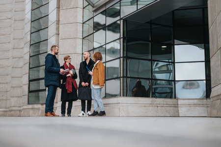 Group of professionals having a discussion outdoors near a modern buildingの写真素材