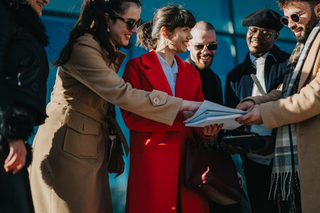 Young entrepreneurs discussing documents outdoors on a sunny dayの写真素材