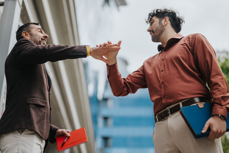 Two colleagues exchanging a handshake outdoors, symbolizing agreement and partnershipの写真素材