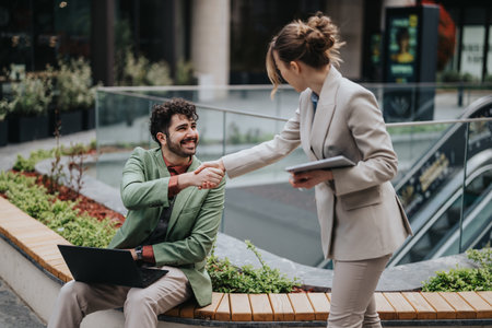 Business interaction outdoors with a handshake between two colleaguesの写真素材