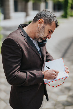 Man in a suit writing in a notebook while making a phone call outdoors