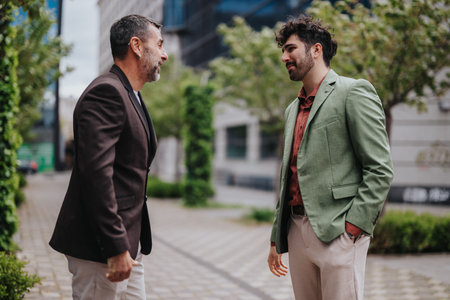 Two men in formal attire engaging in a conversation outside on a paved pathwayの写真素材