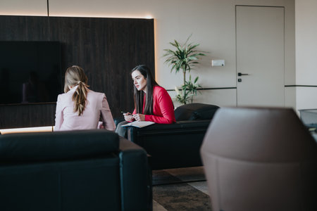 Two people having a focused business conversation in a modern office spaceの写真素材