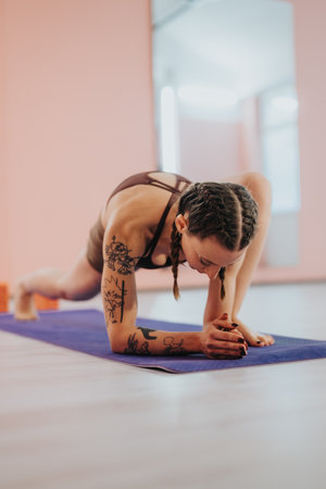 Woman practicing yoga pose on mat in a modern and serene studioの写真素材