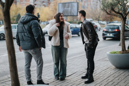 Three friends enjoying a casual outdoor conversation on a city street