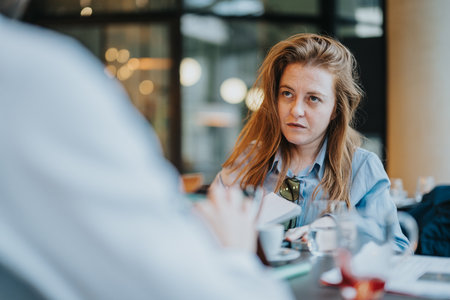 Professional woman engaged in conversation at a bright modern cafeの写真素材