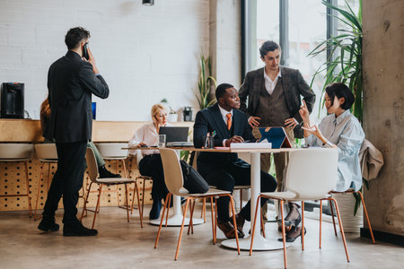 Business people having a meeting in a bright, modern co-working cafe settingの写真素材