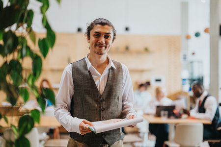 Business professional smiling in a co working space with colleagues