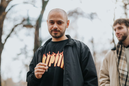 Two friends enjoying a casual outdoor moment in a serene park setting
