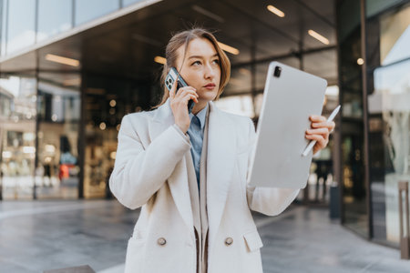 Professional businesswoman using a phone and tablet outside a modern building during a workday.の写真素材