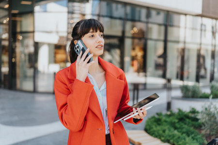 Young businesswoman in orange blazer talking on the phone while holding a tablet outdoors in a busy urban areaの写真素材