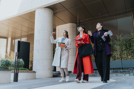 Three businesswomen outdoors discussing ideas and planning their upcoming agenda in a modern urban setting.の写真素材