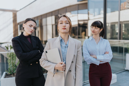 Three professional women standing confidently outside an office building, dressed in business attireの写真素材