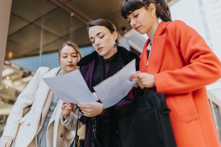 Three businesswomen discussing documents outdoors in fashionable coats and professional attire