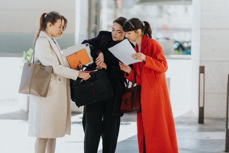 Three professional women collaborate on documents outdoors, symbolizing teamwork and communication.