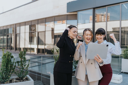 Three businesswomen celebrating success while looking at a tablet outdoorsの写真素材