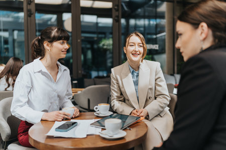 Three businesswomen enjoying a friendly conversation and coffee during a casual meeting.