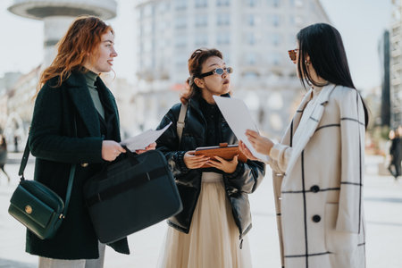 Women engaged in a business discussion outdoors in a modern urban area