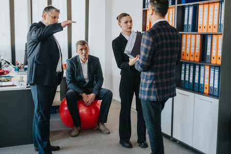 Multigenerational business team discussing and collaborating in a modern office setupの写真素材