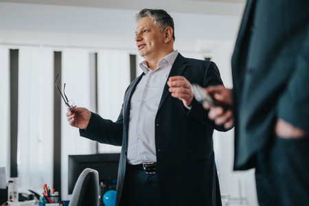 Business leader presenting ideas during a corporate meeting in an office settingの写真素材