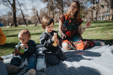 Family enjoying a picnic in a sunny park, children eating snacks and ice creamの写真素材