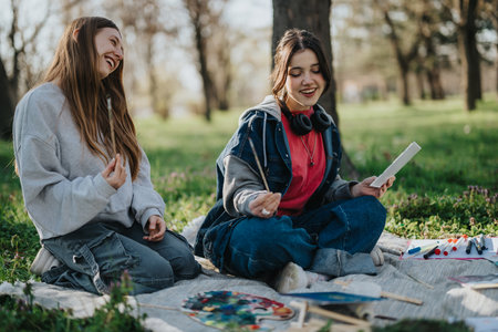 Two teenage girls enjoying outdoor painting and art in nature during a sunny day