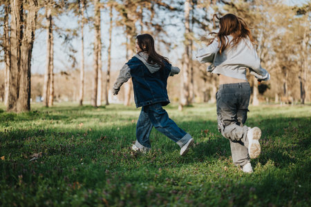 Two female teenagers running through a grassy park during a sunny dayの写真素材
