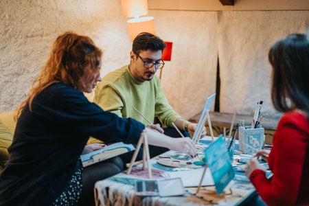 Friends gathering for a painting session in an artistic and cozy settingの写真素材