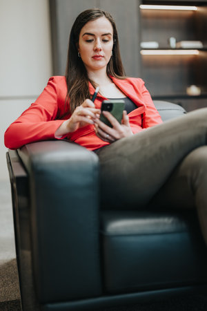 Businesswoman checking her phone while seated in a modern office chairの写真素材