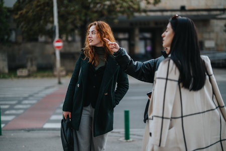 Two Women Interacting On A City Street In Stylish Autumn Outfitsの写真素材